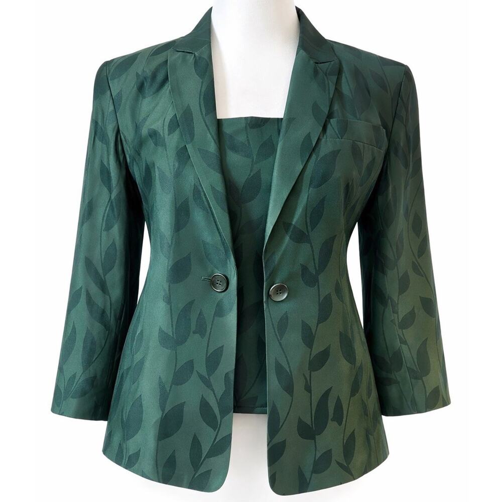Vtg Saks Fifth Avenue Emerald Silk Blazer Suit Jacket Cami Set Women 6P
